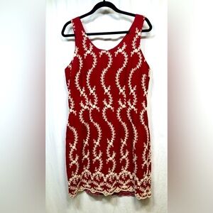 Vintage Jonathan Martin Dress Size 13 Red White Floral Embroidered Sleeveless
